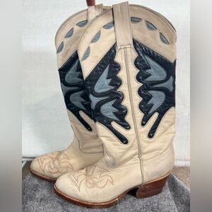 Rancho Loco Vtg Butterfly Cowboy Boots Women Leather Size 6 Bone Blue Brick Red